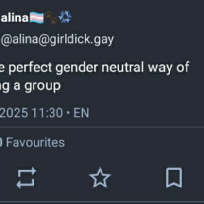 Mastodon post avtorice_ja @alina@girldick.gay, ki se glasi: "Chat is the perfect gender neutral way of addressing a group."