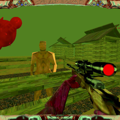 Posnetek zaslona iz igre Cruelty Squad. Perspektiva je prvoosebna, igralec pred sabo drži ostrostrelsko puško in meri v nagega človeka, zaprtega v majhni leseni ogradi pred njim. V ozadju sta vidni dve manjši dvokapnici. Grafika je nizkopoligonska in vsi barvni odtenki so pretirano zelene barve.