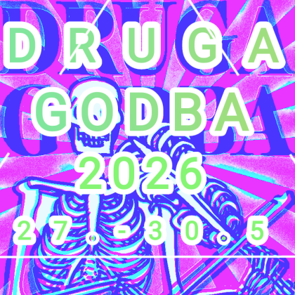 Napis druga godba v neon zeleni, za njo je okostnjak, ki igra okostnjaško vijolino. Intenzivna neon roza izžareva iz ozadja.