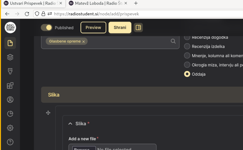 zajem zaslona zgornje desne četrtine strani za vnašanje prispevkov