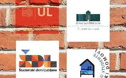 logotipi Univerze v Ljubljani, Študentskega doma Ljubljana, Študentskih domov Univerze v Mariboru in Študentskih domov Univerze na Primorskem na steni iz opek