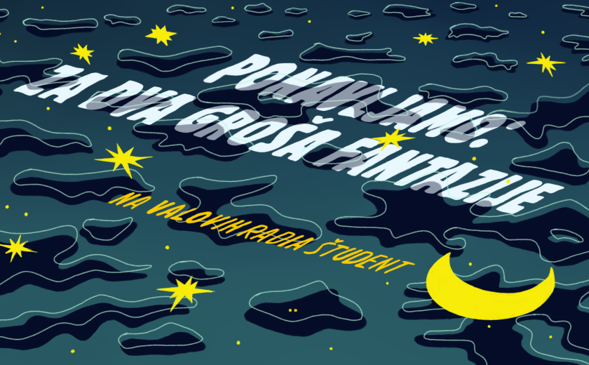 Ilustracija vode in zvezd, pod gladino plava napis "Ponavljamo: Za dva groša fantazije" 