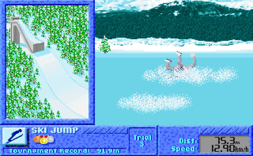 Posnetek zaslona iz igre The Games: Winter Challenge iz leta 1991. Na levi strani je prikaz smučarske skakalnice, na desni pa podoba tekmovalca, ki je pri pristanku padel in se kotali po snegu.
