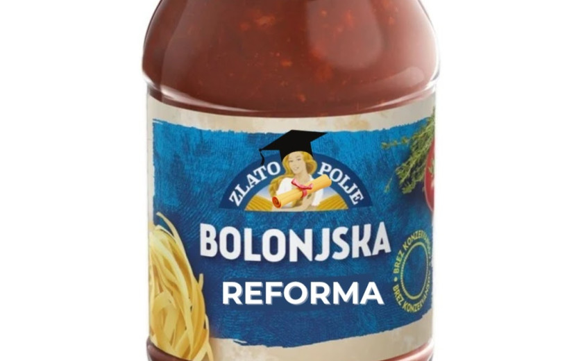 Na sliki je kozarec bolonjske omake, napis "omaka" pa je prekrit z napisom reforma.